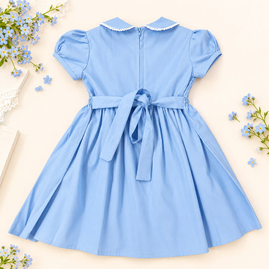 Back view of a light blue handmade 100% cotton girls' hand-smocked dress with a tie belt