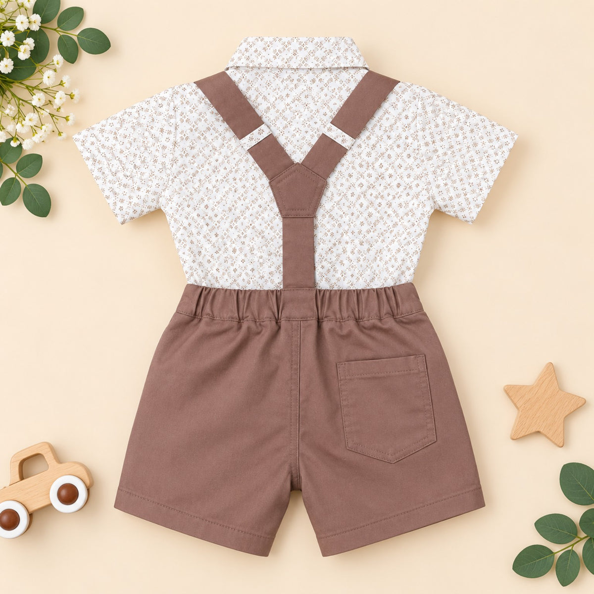 Back of Elfin Kidz brown twill baby boy three-piece set showing suspenders and pocket detail