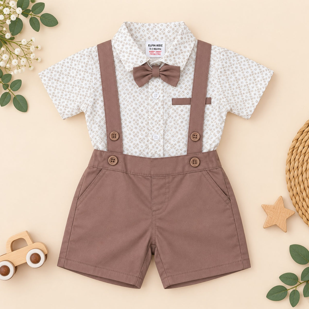Elfin Kidz brown twill three-piece baby boy set with cotton shirt, bow tie and suspenders