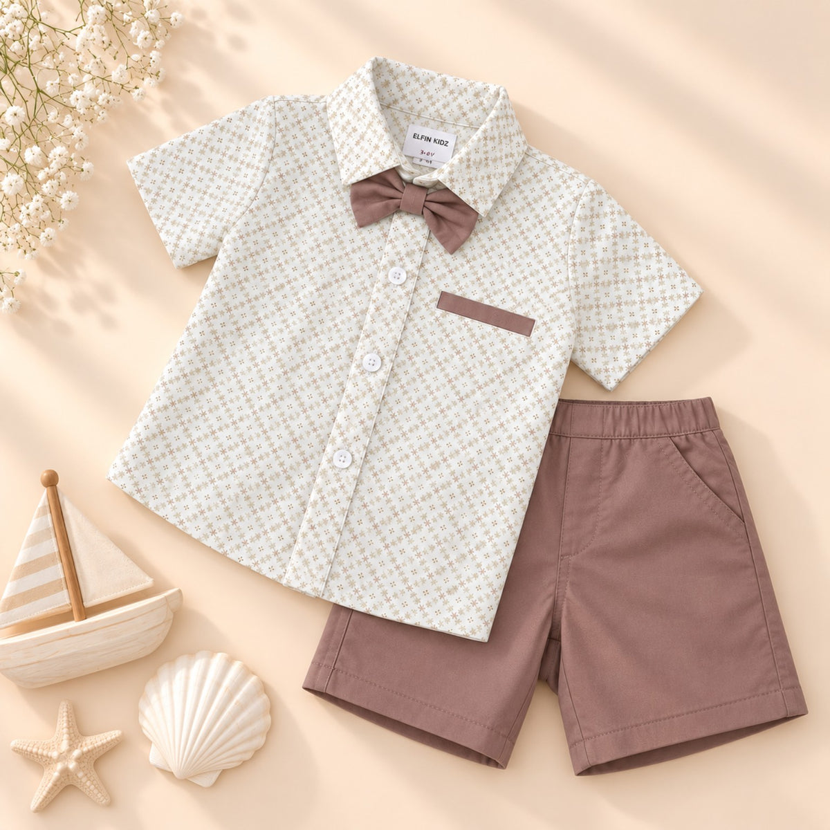 Elfin Kidz brown twill baby boy set with patterned cotton shirt and matching shorts