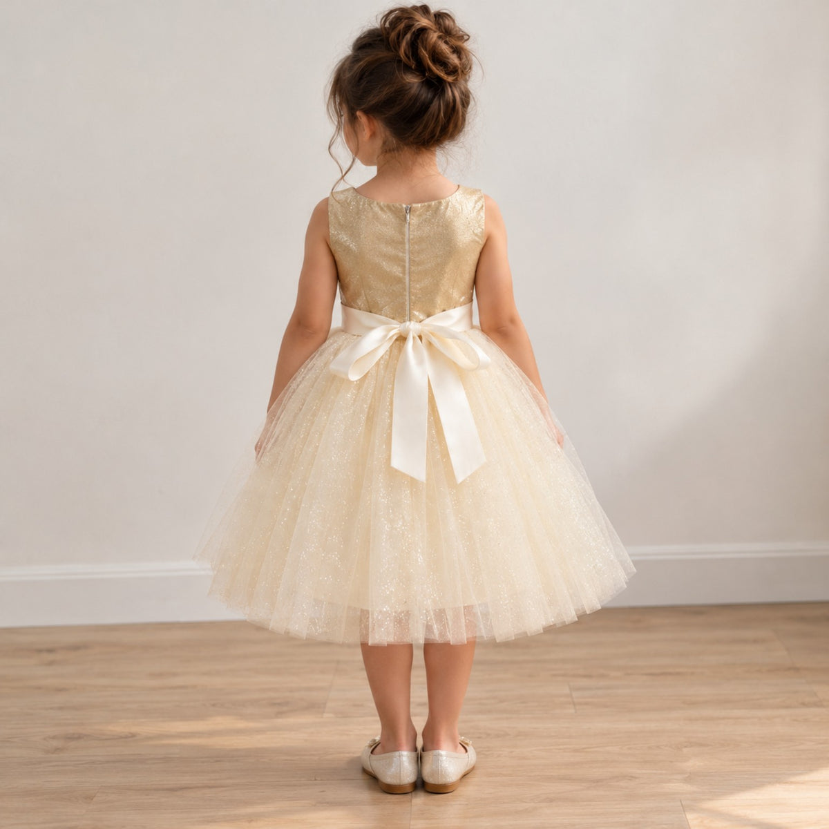 Back view of champagne gold girls occasion dress with satin bow and zip fastening