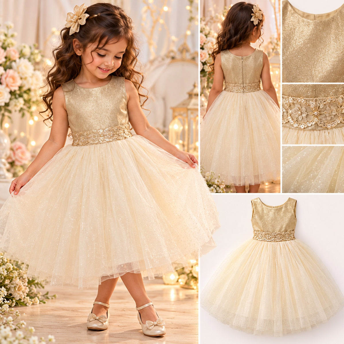 Details of champagne gold glitter tulle dress with layered skirt and lace waistband
