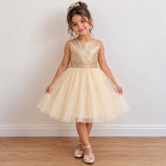 Front view of champagne gold glitter tulle girls party dress with lace waistband