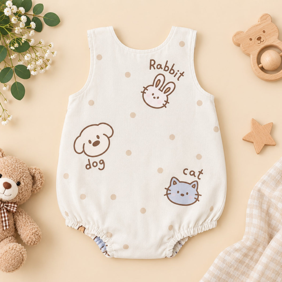 Back of cream 100% cotton unisex baby romper with cute animal prints