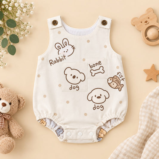 Cream 100% cotton unisex baby romper with cute animal patchwork-style prints