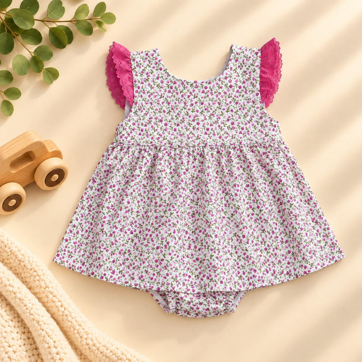 Dainty floral 100% cotton baby girls dress romper with lace sleeves - front view - Elfin Kidz