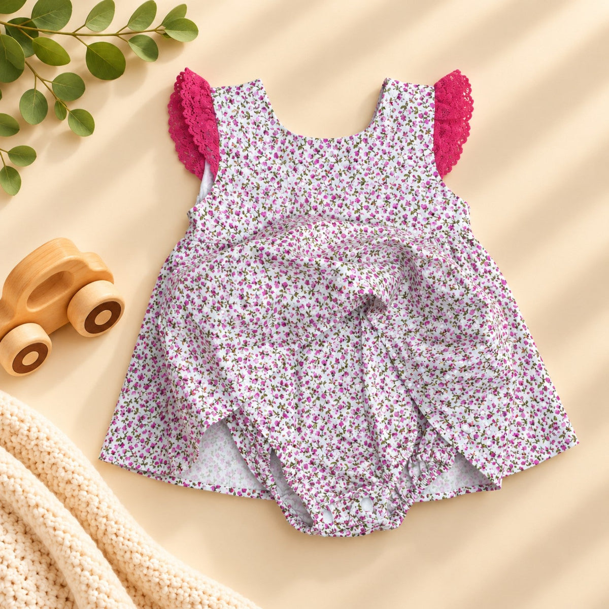 Dainty floral cotton baby girls dress romper with built-in romper and elasticated legs - detail - Elfin Kidz