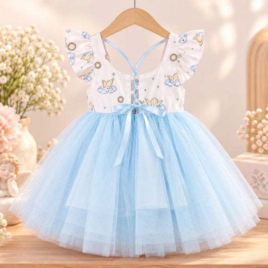 Fairy print girls dress with tie-up back and tulle skirt – back view