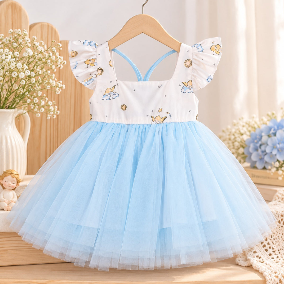 Fairy print light blue and white cotton tulle dress for girls – front view
