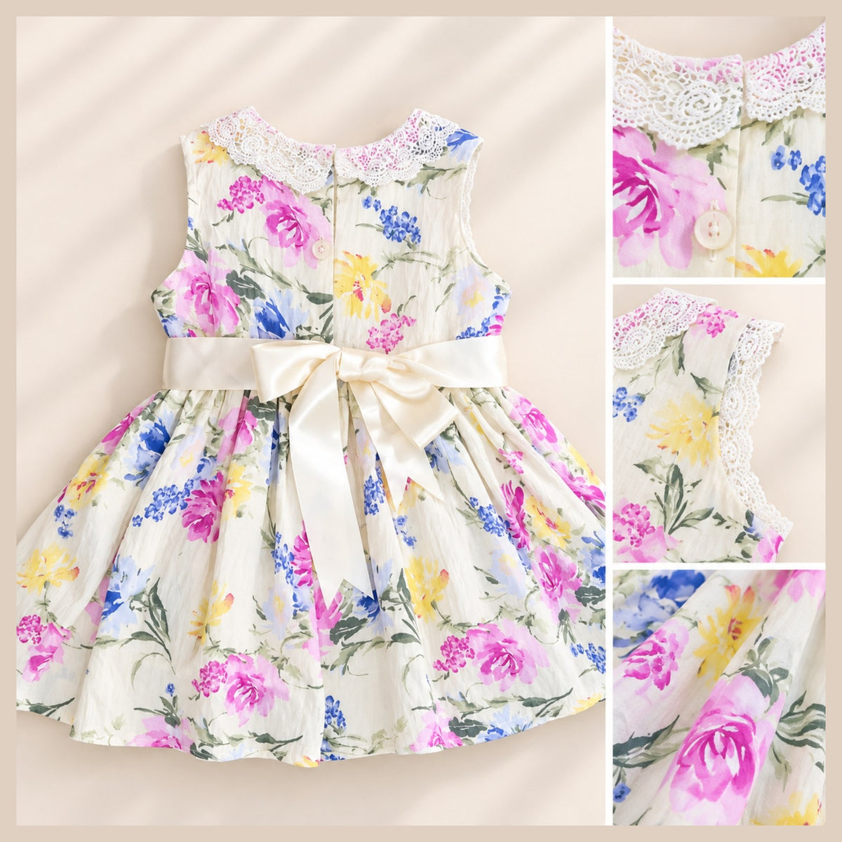 Girls floral cotton dress with satin back waist bow and transparent buttons
