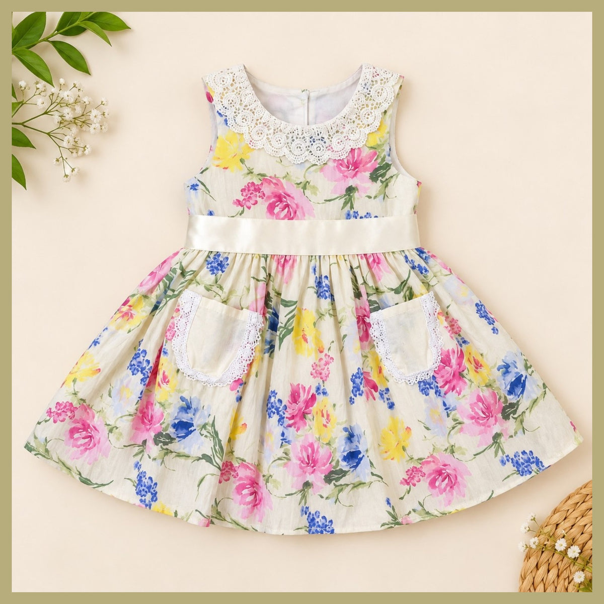 Girls floral cotton dress with lace collar and front pockets