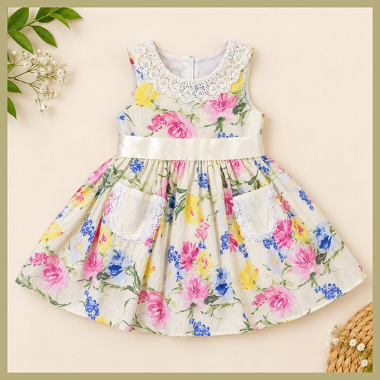 Girls floral cotton dress with lace collar and front pockets