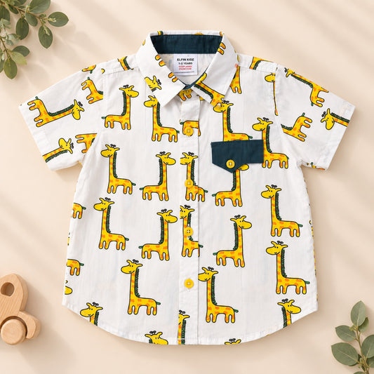 White cotton boys shirt with yellow giraffe print, collar and chest pocket