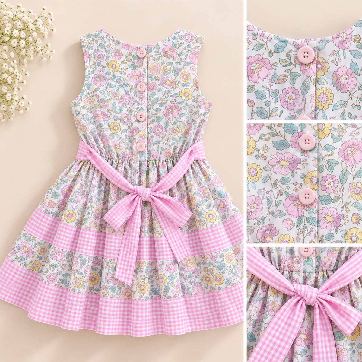 Girls floral cotton dress with pink gingham waist bow and button back - back view