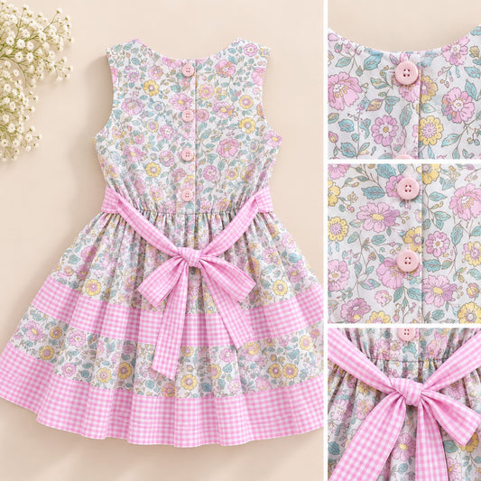 Girls floral cotton dress with pink gingham waist bow and button back - back view