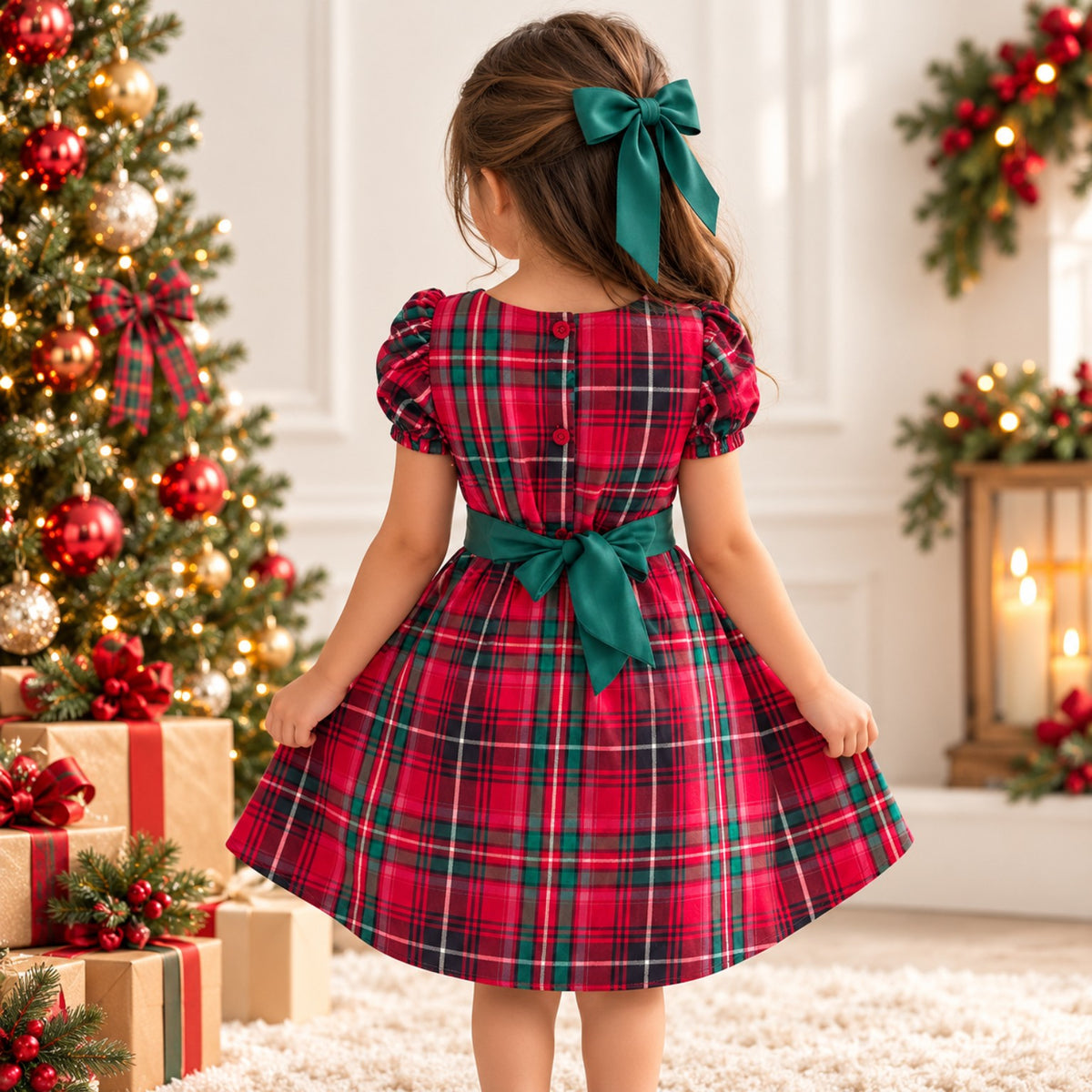 Girls red and green tartan Christmas dress with green satin bow belt back view - Elfin Kidz