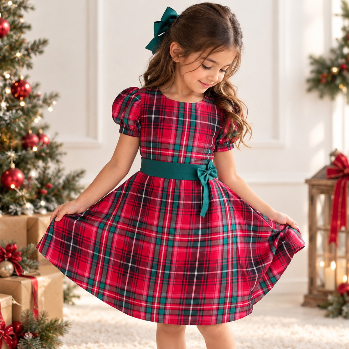 Girls red and green plaid Christmas dress puff sleeves and satin belt - Elfin Kidz