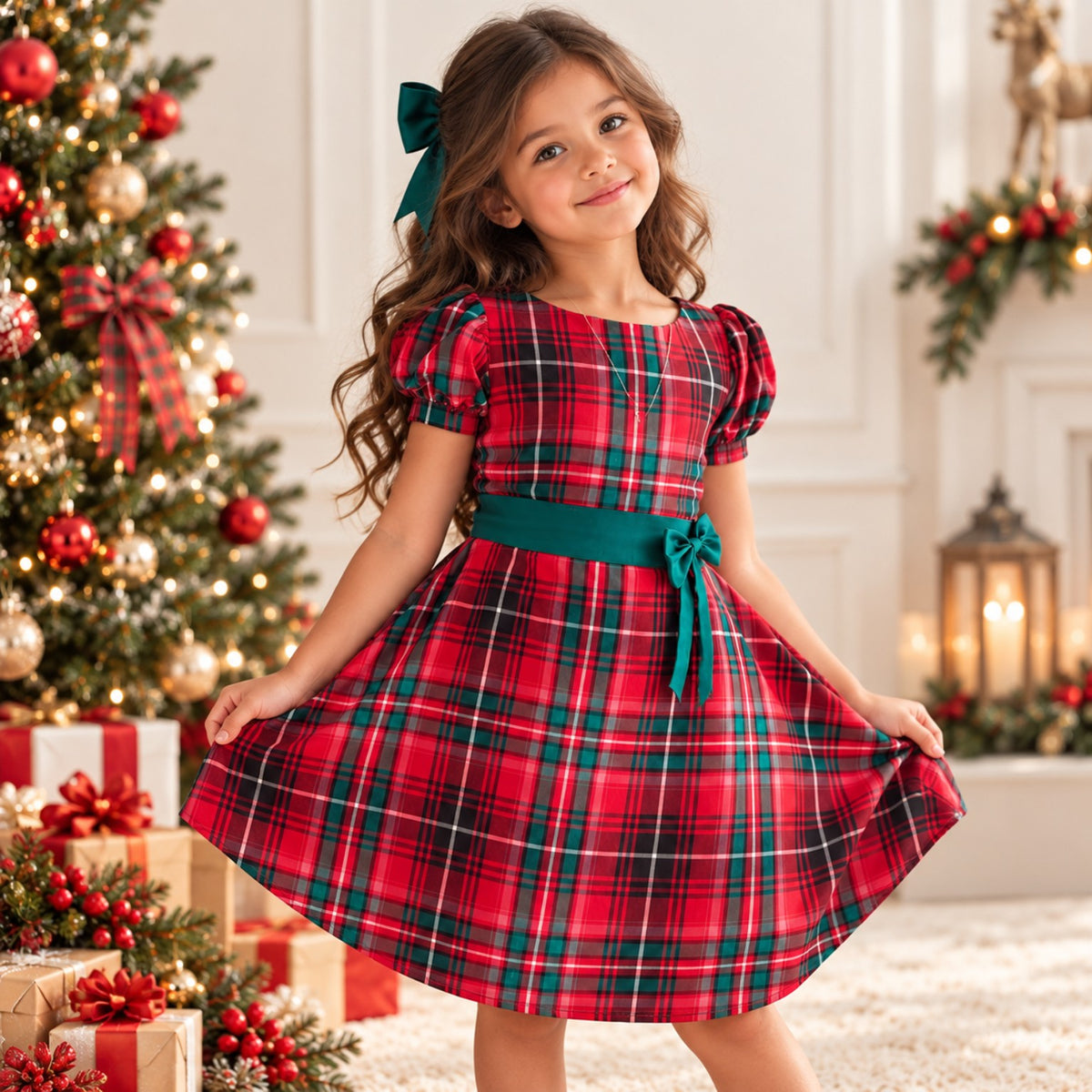 Girls red and green tartan Christmas dress with green satin belt front view - Elfin Kidz