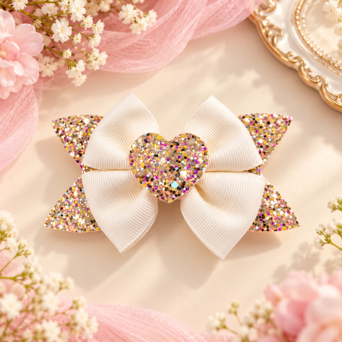 Four-inch ivory grosgrain ribbon bow hair clip with multicolour gold glitter tails and glitter heart centre