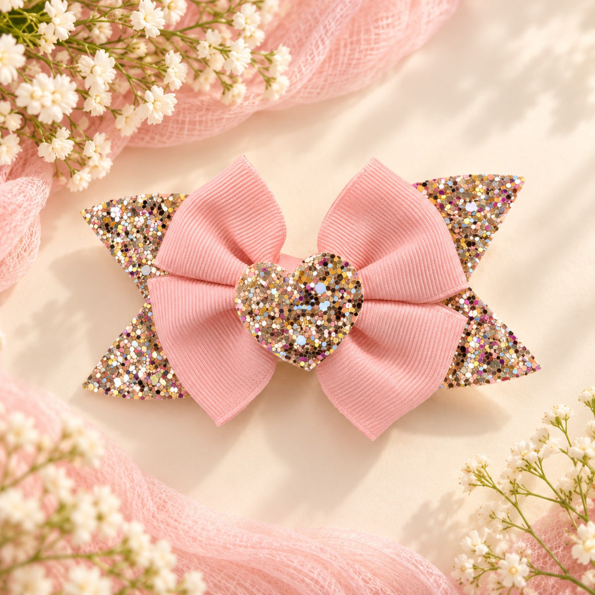 Four-inch pink grosgrain ribbon bow hair clip with multicolour gold glitter tails and glitter heart centre