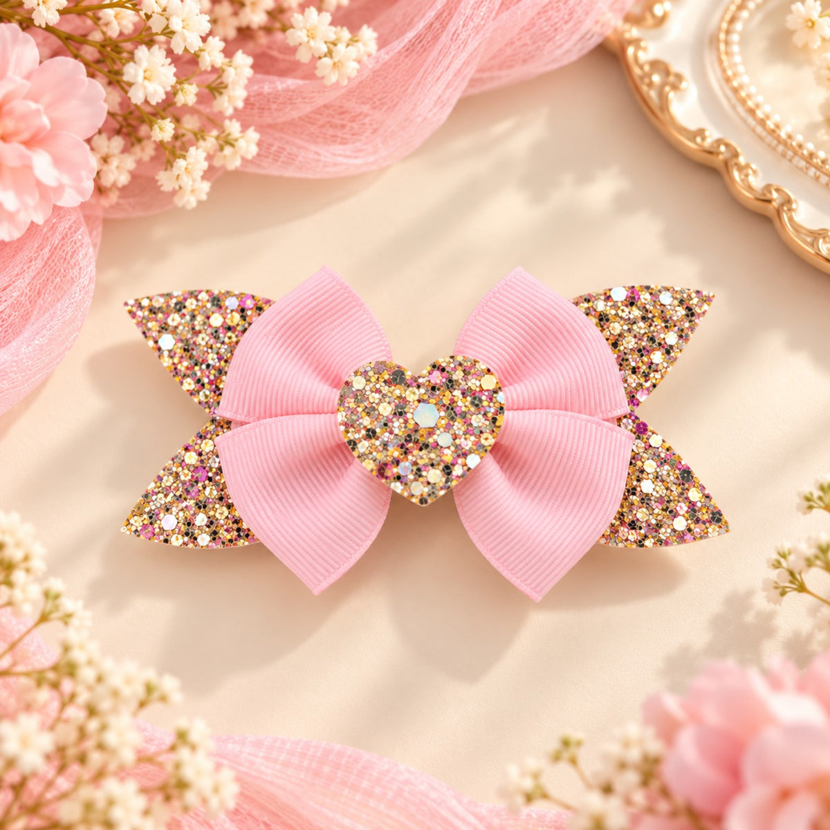 Pink grosgrain ribbon bow hair clip with multicolour gold glitter tails and glitter heart centre