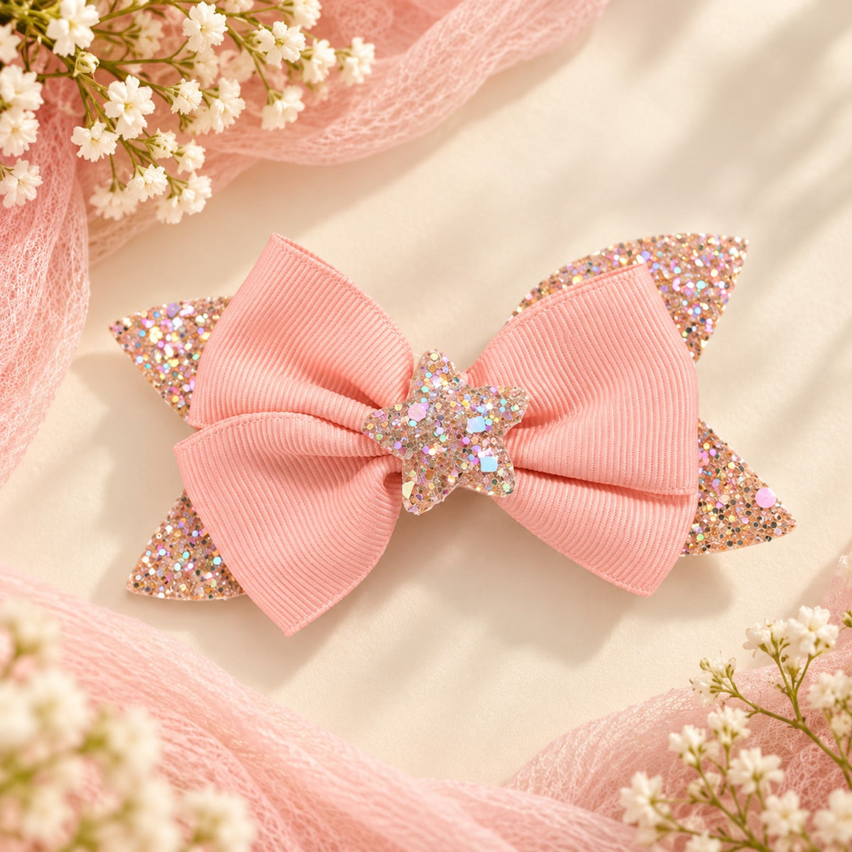 Pink grosgrain ribbon bow hair clip with multicolour gold glitter tails and glitter star centre