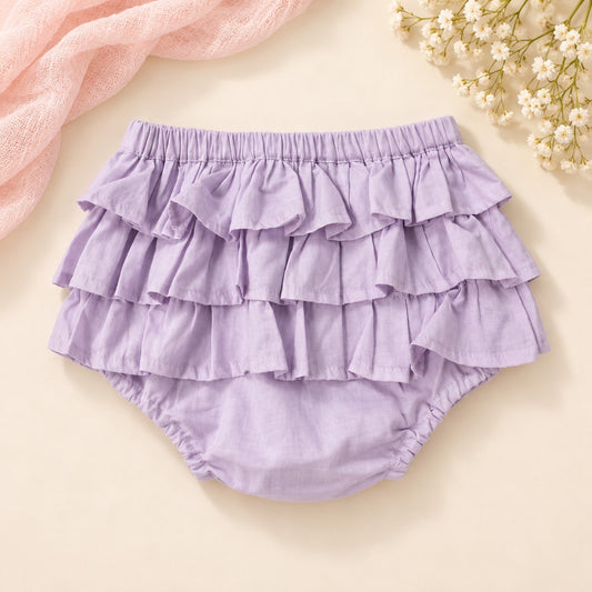 Lilac 100% cotton baby frilly bum bloomers with three tiers of ruffles, front view