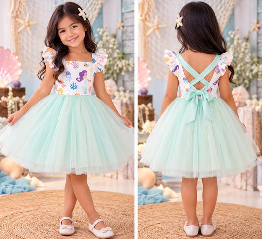 Mermaid print girls dress front and crisscross back