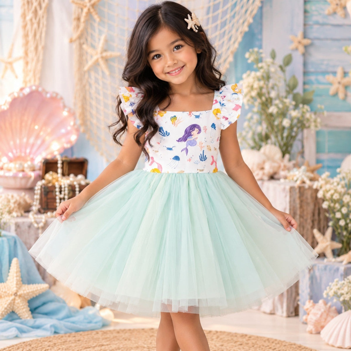 Mermaid print girls tulle dress front
