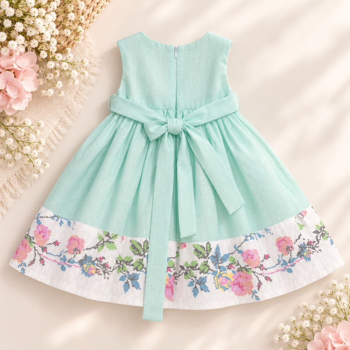 Mint green and white linen girls dress back view with tie waist