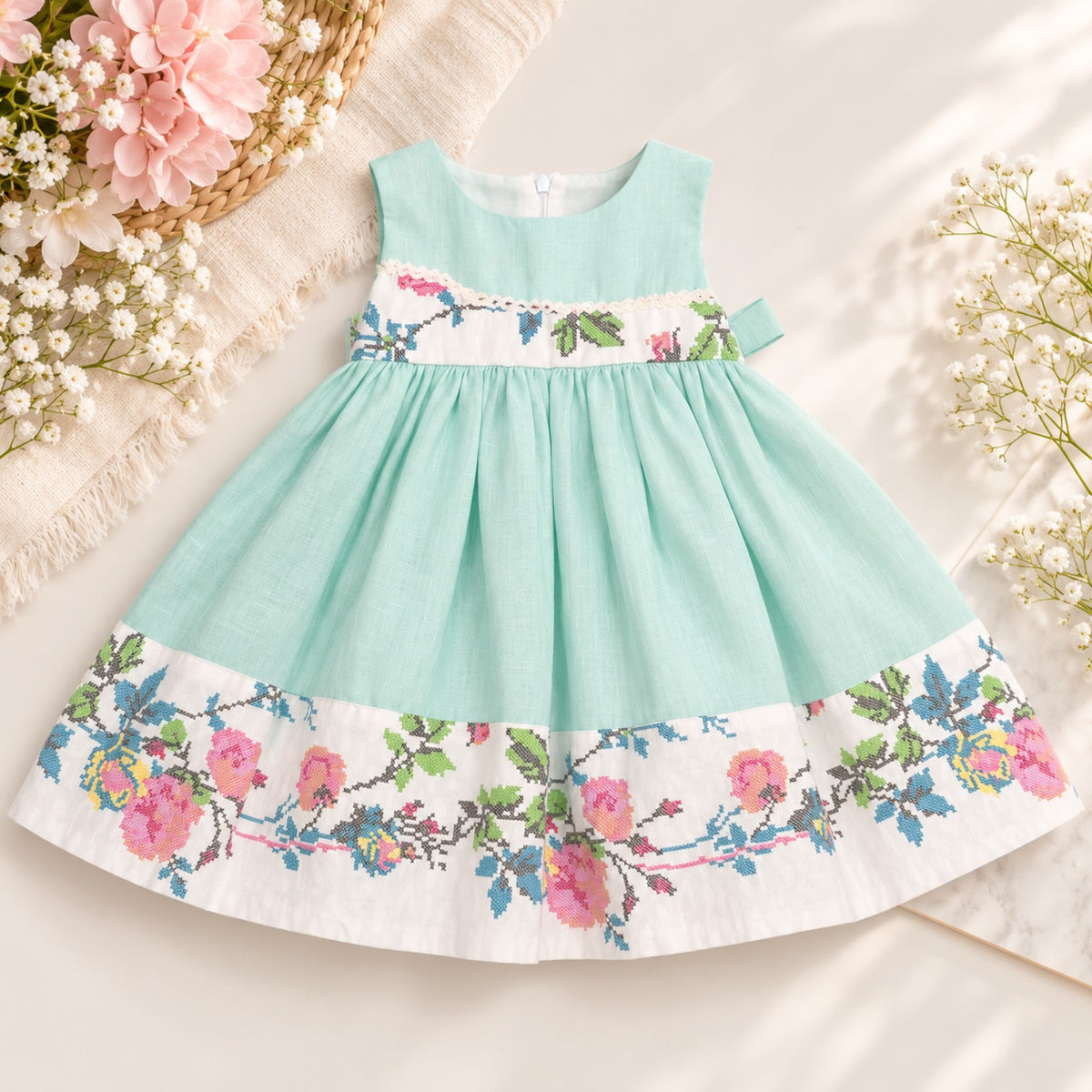 Mint green and white linen girls dress front view with floral hem