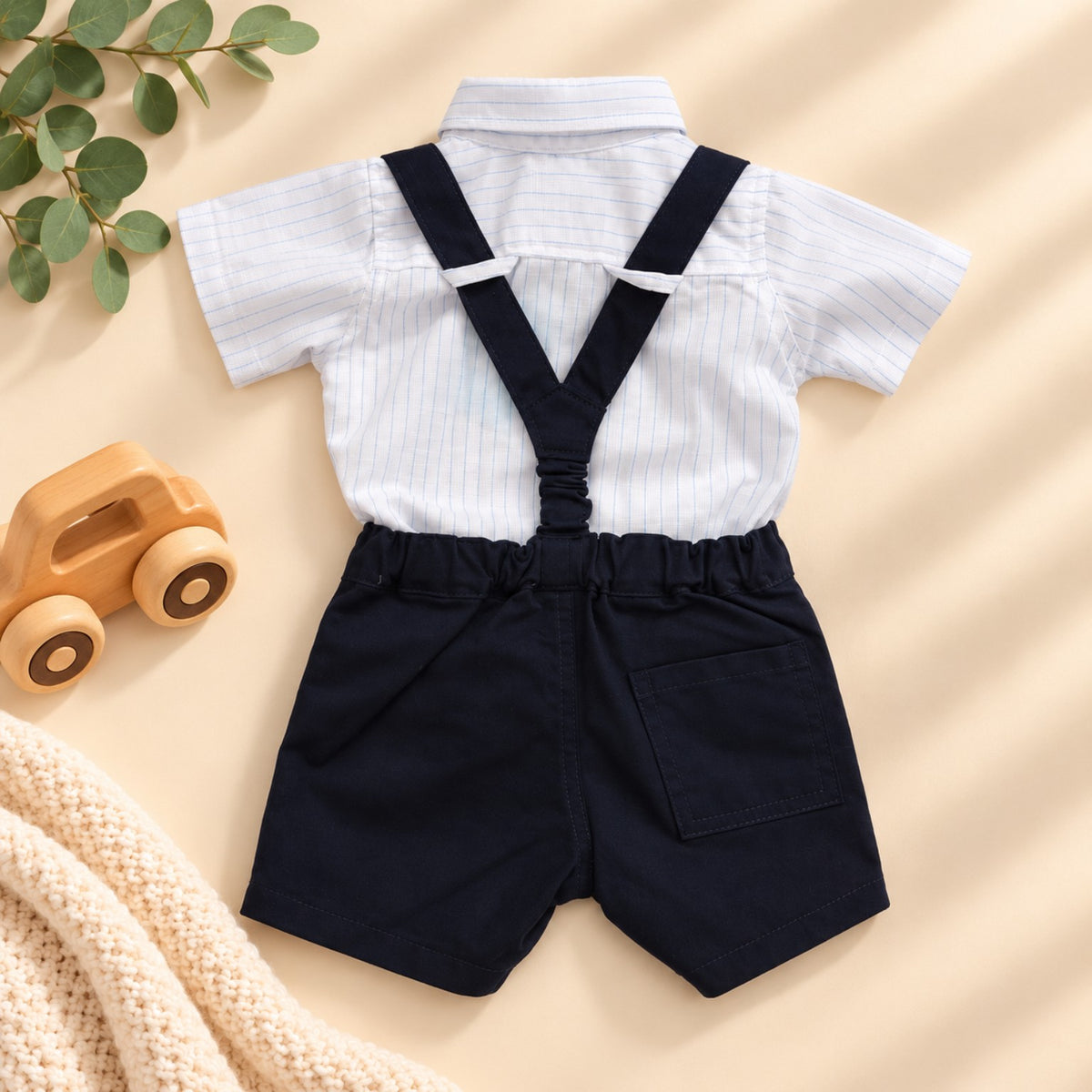 Navy blue and white cotton baby boys three piece set with adjustable suspenders - back - Elfin Kidz