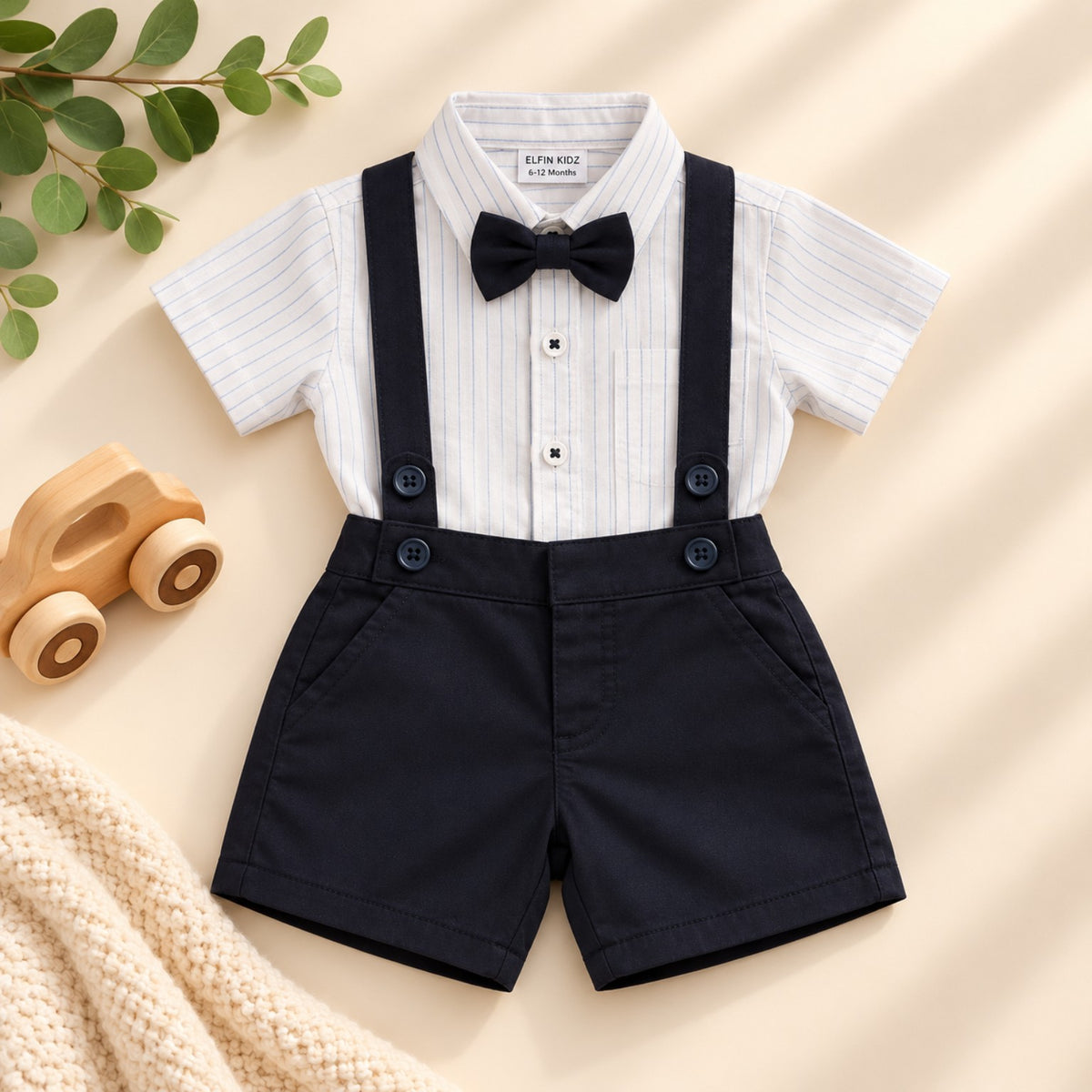 Navy blue and white striped cotton baby boys three piece set with bow tie and suspenders - front detail - Elfin Kidz