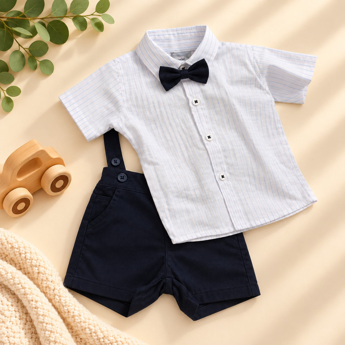 Navy blue and white cotton baby boys three piece set with suspenders and bow tie - front - Elfin Kidz