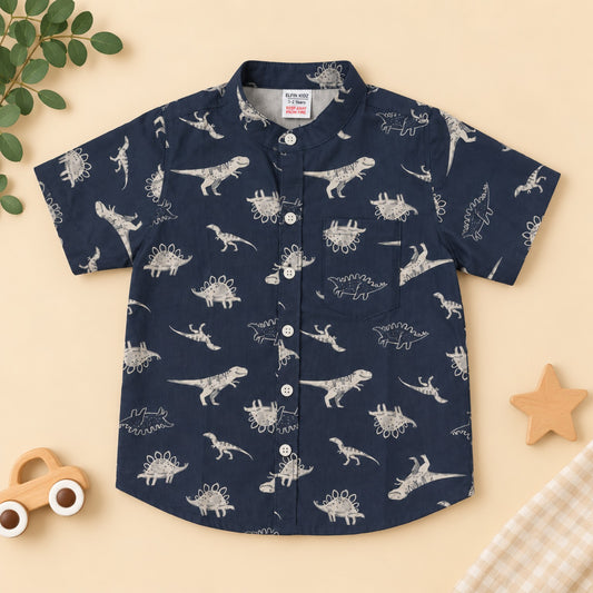 Navy dinosaur print 100% cotton boys shirt front