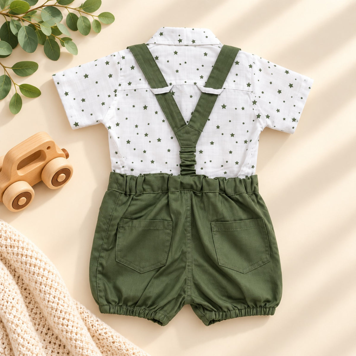 Olive green 100% cotton baby boys three piece set with adjustable suspenders and waistband - back - Elfin Kidz