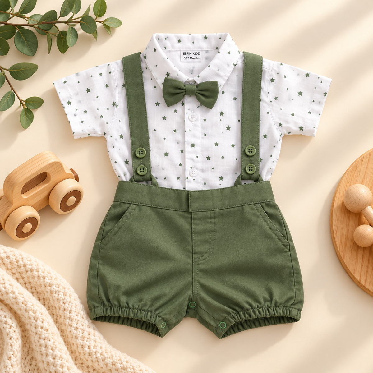 Olive green 100% cotton baby boys three piece set with suspenders bow tie and printed shirt - front - Elfin Kidz