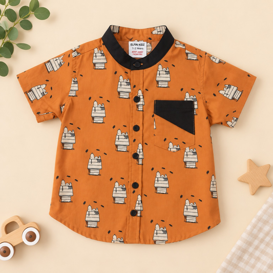 Orange 100% cotton boys shirt with cute character print and black collar front