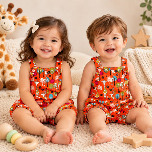 Orange multi giraffe print baby overall romper front view - Elfin Kidz