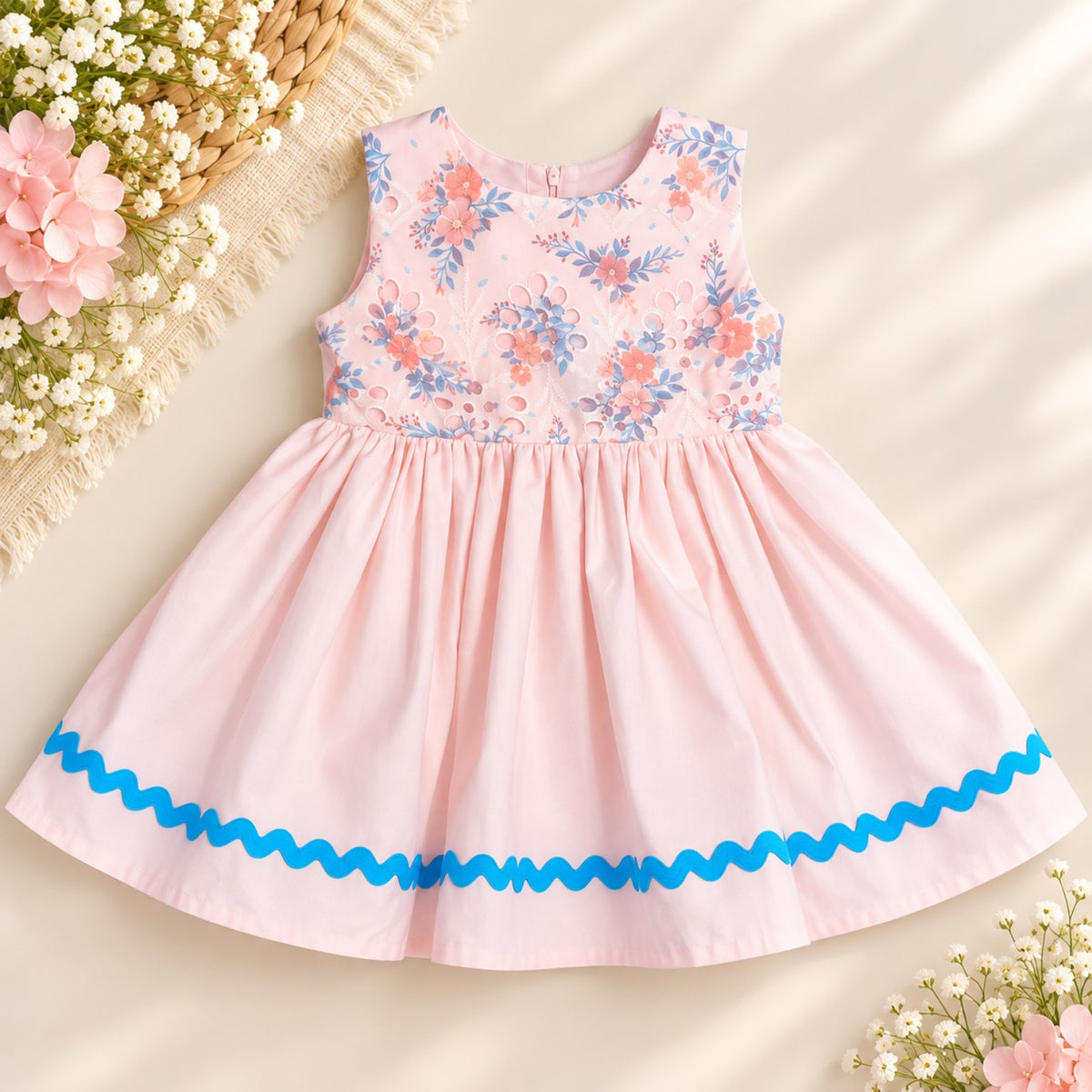 Pink floral cotton girls dress with ruffle skirt and blue trim - Elfin Kidz