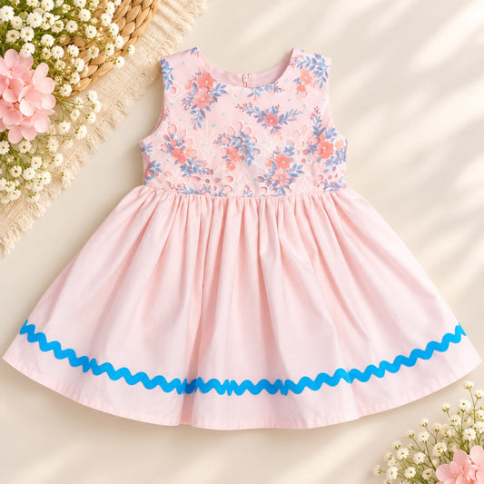 Pink floral cotton girls dress with ruffle skirt and blue trim - Elfin Kidz
