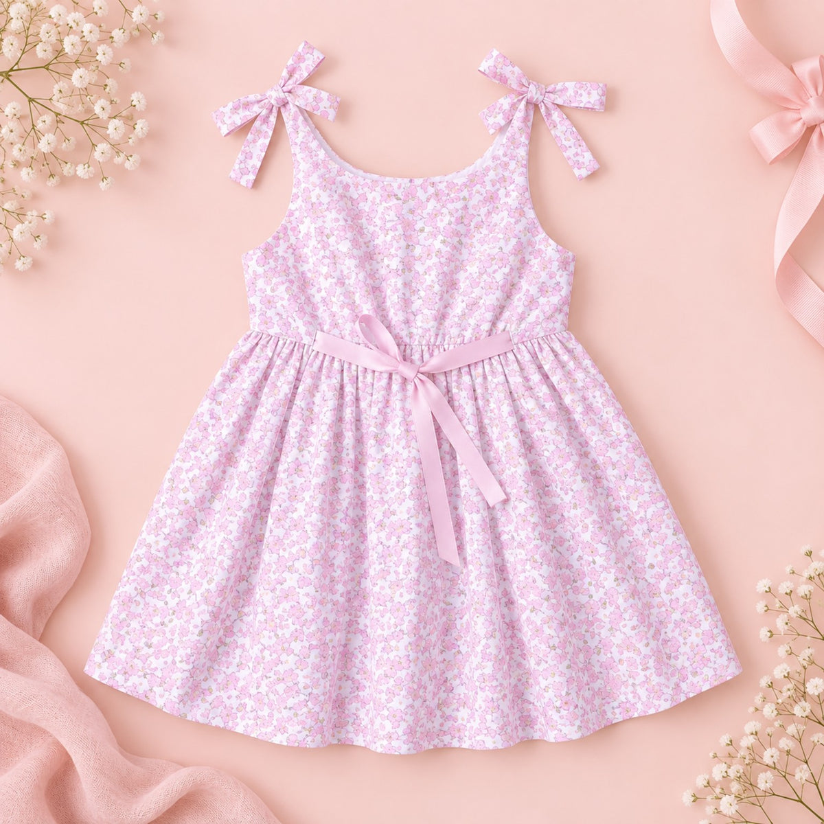 Pink floral cotton girls dress with tie shoulder straps and waist bow, back view