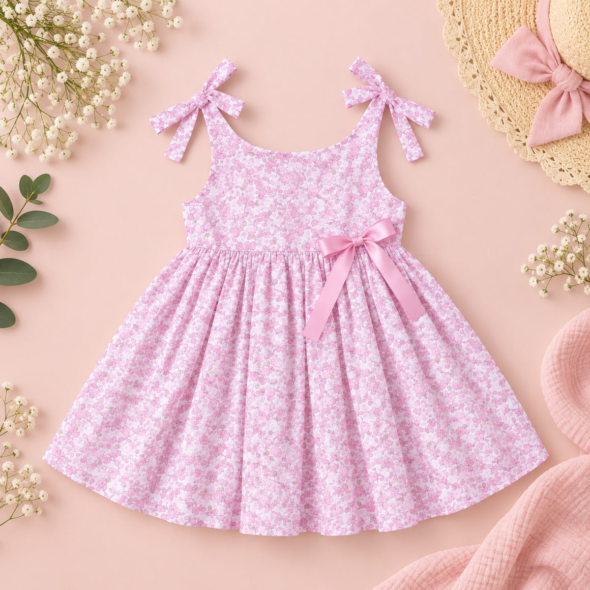 Pink floral cotton girls dress with tie shoulder straps and waist bow, front view