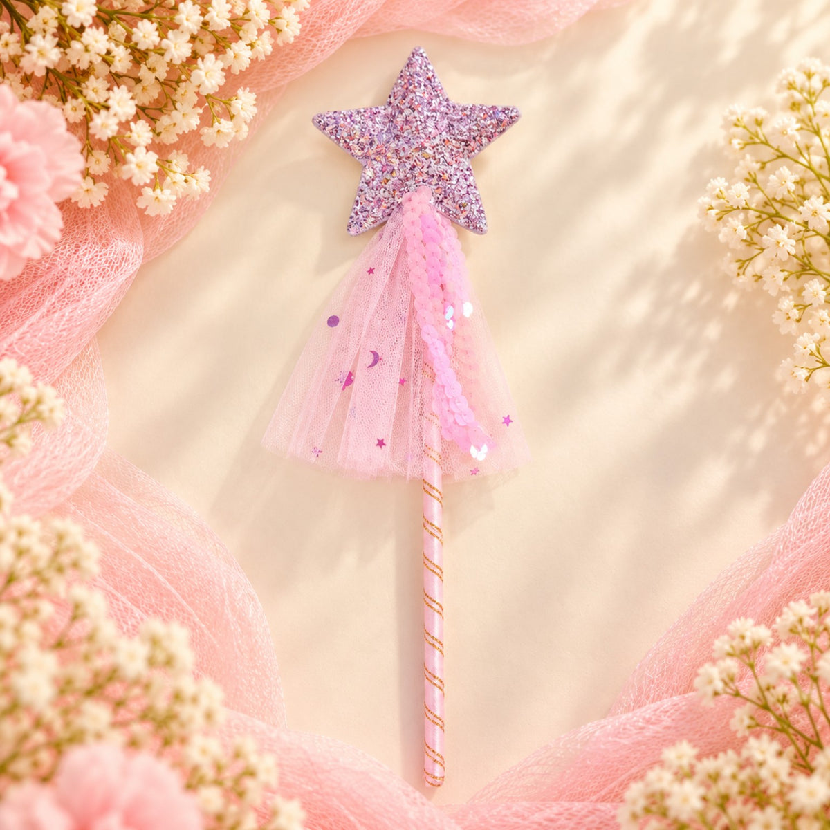 Pink glitter star princess wand with pink tulle and sequin ribbons