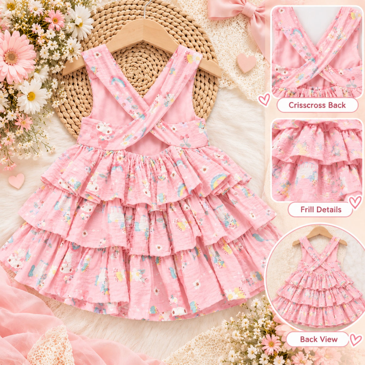 Pink unicorn and cute character print girls dress showing crisscross back, elasticated back and tiered frills