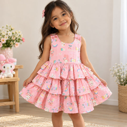 Model wearing a pink cute character and unicorn print tiered frill dress for girls