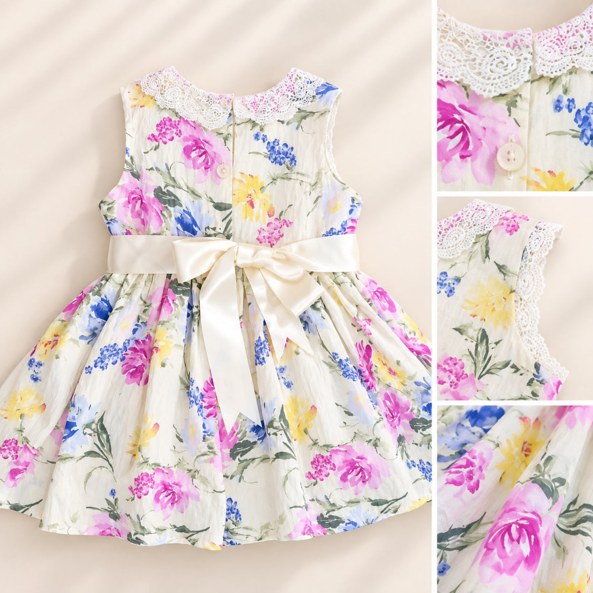 Girls 100% cotton floral dress with pink and white gingham fabric and back waist tie