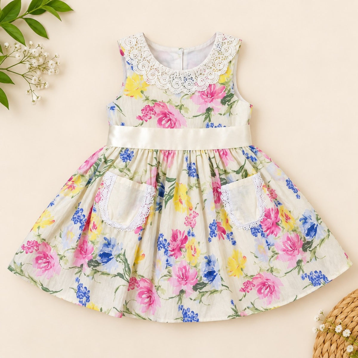 Girls 100% cotton floral dress with pink and white gingham fabric, front view