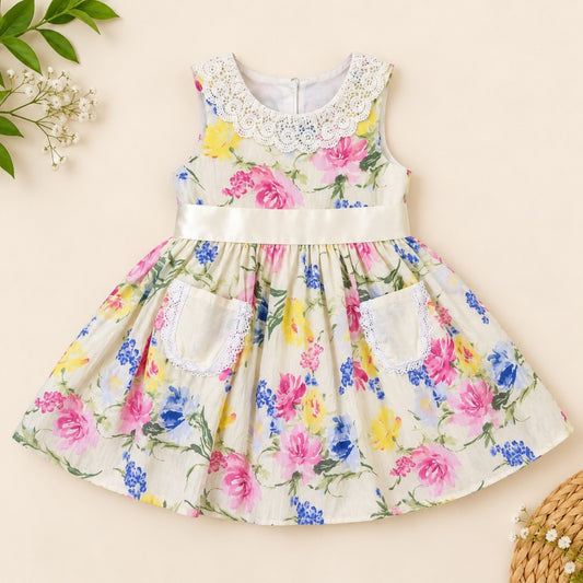 Girls 100% cotton floral dress with pink and white gingham fabric, front view