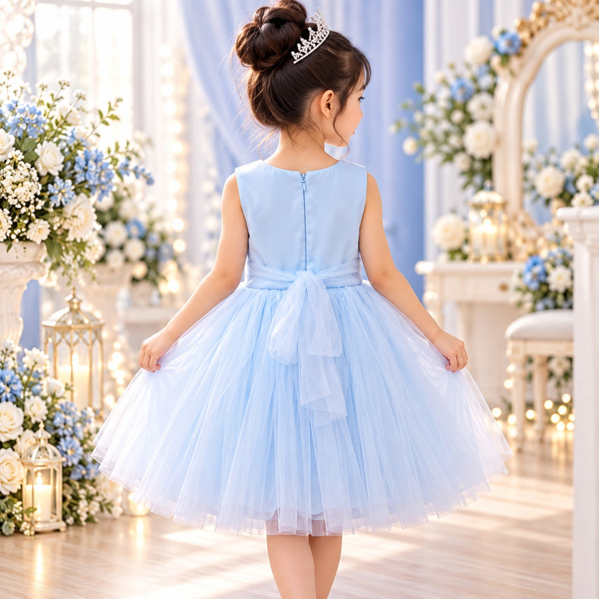 Back of handmade light blue princess dress with bow and tulle skirt